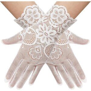 Women's Lvory 03 Floral Short Length Lace Tulle Mesh Wrist Wedding Party Gloves
